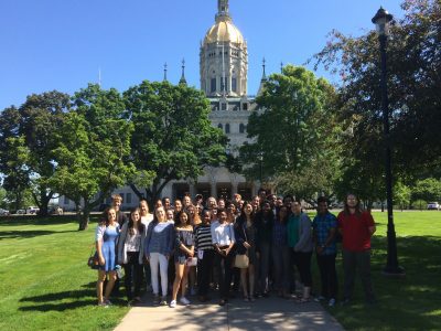 student group photo in front of CT state capital building